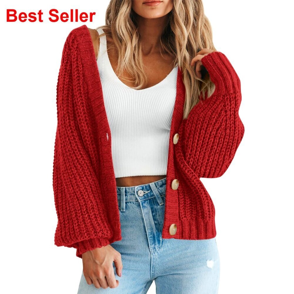 Chunky Knit Open Front Cardigan, Loose Fit, Long Sleeve, Button Sweater